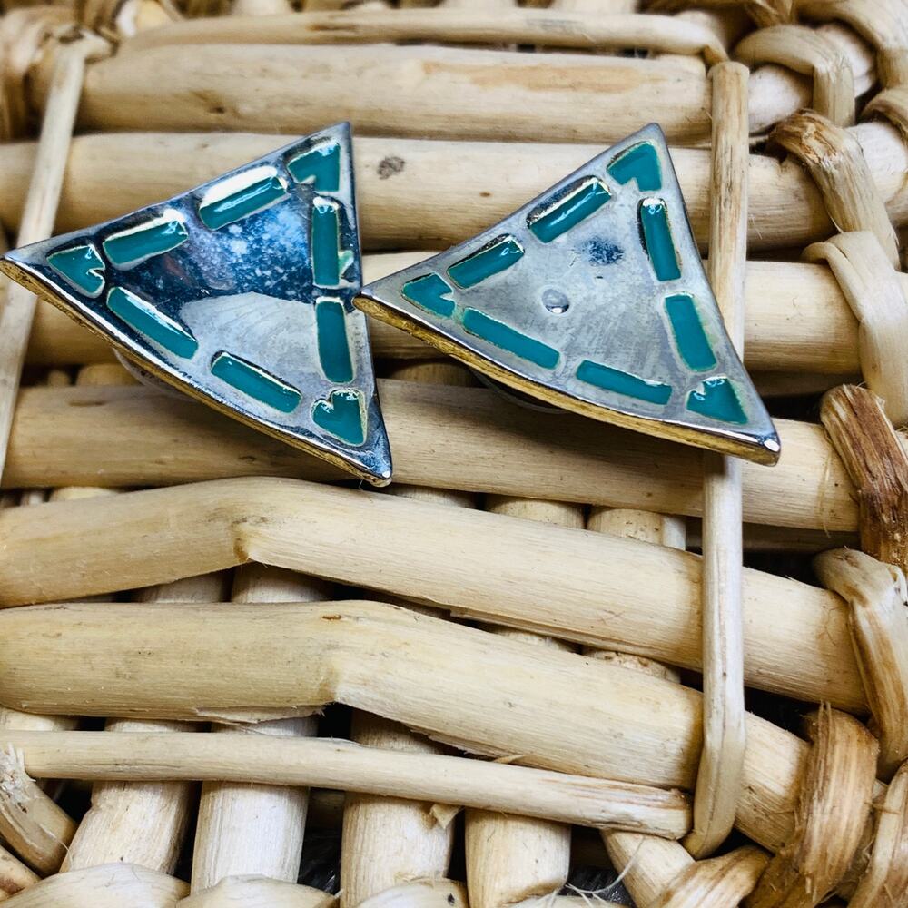 Triangular Silver Turquoise 3D Post Earrings 3/4"